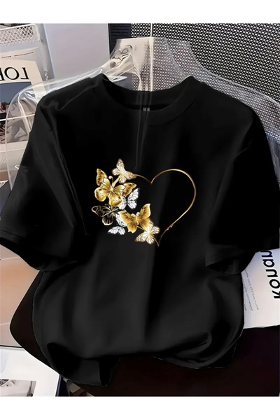 FUFLUNS تي شيرت كبير الحجم بياقة دائرية مطبوع عليه فراشة القلب