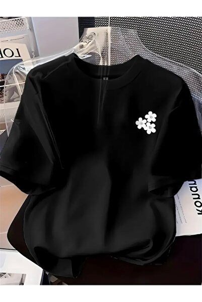 FUFLUNS تي شيرت بياقة دائرية كبيرة الحجم مطبوع عليه زهور بيضاء