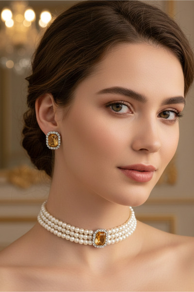 Happyline Cam İncili Gümüş Kaplama Bal Taşlı Tasma Choker Baget Kolye Özel Ta...
