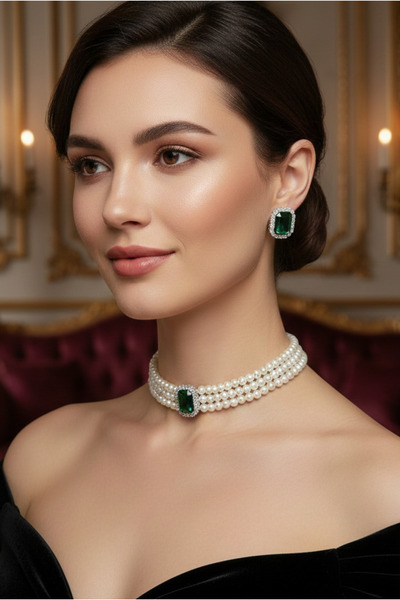 Happyline İncili Gümüş Kaplama Tasma Yeşil Taşlı Choker Kolye Özel Tasarım Ko...