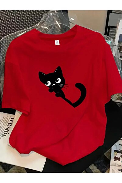 FUFLUNS Cat Printed Oversize Circular Neck T-Shirt