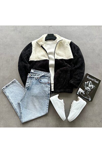 tetramoda Jachetă de pluș pentru bărbați și combinație de blugi largi albaștr...