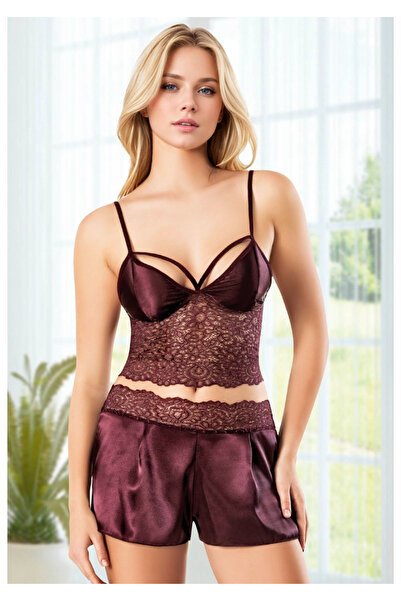 Soweto Women's Plum Satin Shorts Pajama Set with Lace Bustier Strap Home Wear