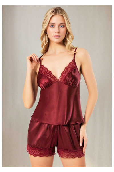 Soweto Women's Burgundy Satin Shorts Pajama Set Lace Embroidered Suspender Ho...