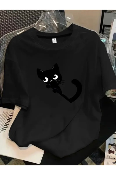 FUFLUNS Cat Printed Oversize Circular Neck T-Shirt