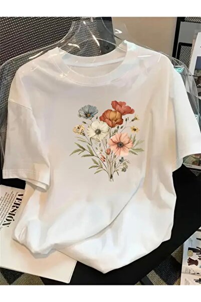 FUFLUNS Flowers Printed Oversize Circular Neck T-Shirt