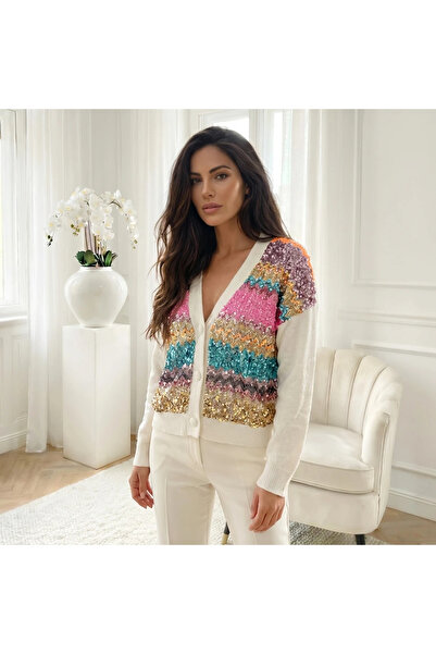 UniqueStore.ro Elegant white cardigan with multi-colored sequin applications