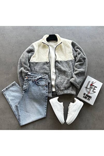 tetramoda Jachetă de pluș pentru bărbați și combinație de blugi largi albaștr...