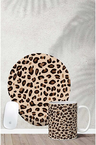 MAĞAZA DEPOM Leopar Desenli 2 Bilek Destekli Mouse Pad Kupa Seti