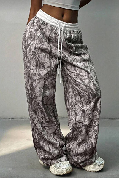 İlayda Toprak Rovax Bol Kalıp Beli Lastikli Gri Yaprak Baskılı Model Esofman ...