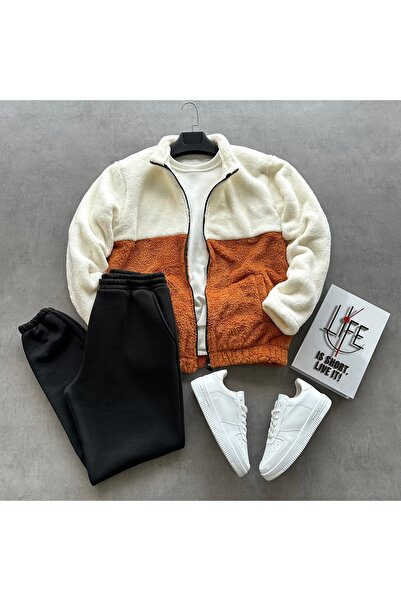 tetramoda Men's Patchwork Plush Jacket & Three Thread Sweatpants Combination