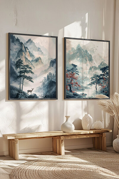 STARYUNA Set de pictură dublă cu cadru din lemn negru, cu vedere la munți îng...