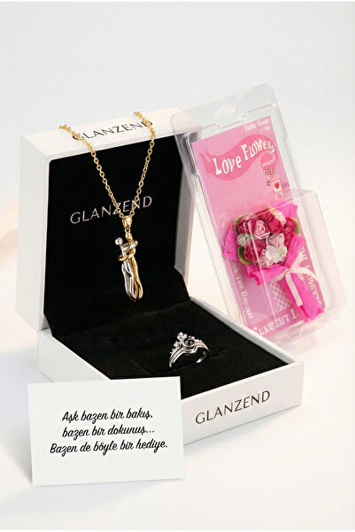 GLANZEND Sarılan Çift Kolyesi & 100 Dilde Seni Seviyorum Yüzük Seti ( Çiçek F...