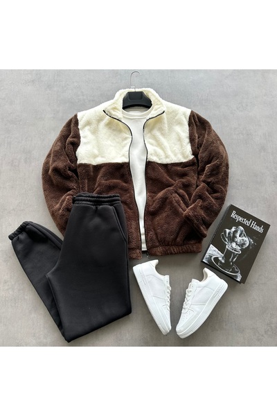 tetramoda Men's Patchwork Plush Jacket & Three Thread Sweatpants Combination