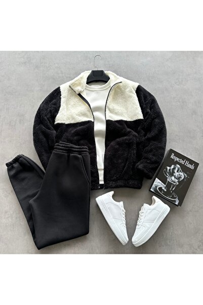 tetramoda Men's Patchwork Plush Jacket & Three Thread Sweatpants Combination