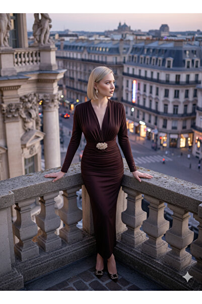 Thestiluxe Draped Midi Stylish Evening Dress with Belt and Gold Accessories a...