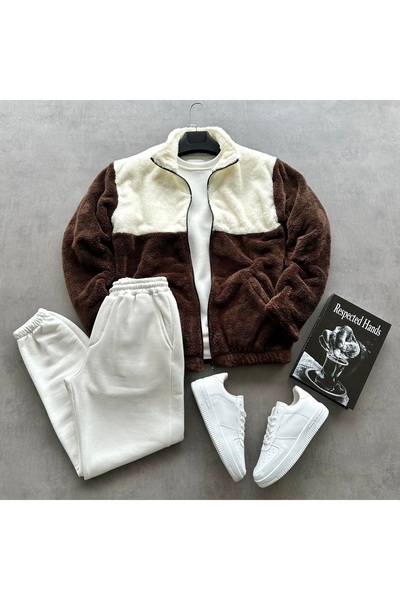 tetramoda Men's Patchwork Plush Jacket & Three Thread Sweatpants Combination