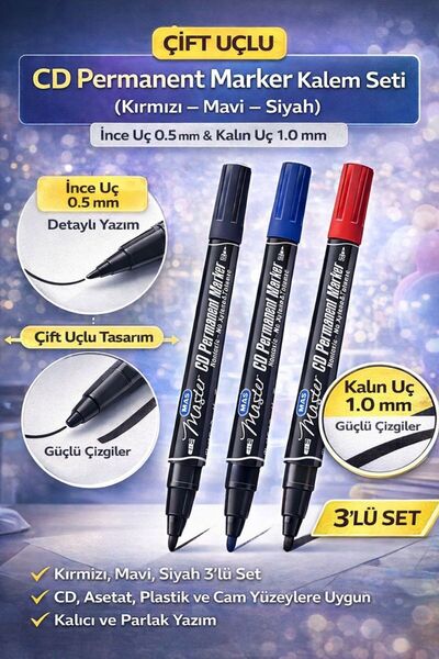 ANI OFİS KIRTASİYE A K Çift Uçlu CD Permanent Marker 3'lü Set (Kırmızı – Mavi...