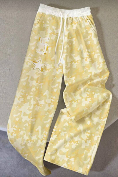 İlayda Toprak Rovax Bol Kalıp Beli Lastikli Kamuflaj Desenli Sarı Nakışlı Ove...