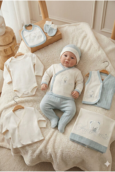 ZEYNUKO طقم زيبين للأطفال حديثي الولادة مكون من 10 قطع مع دمية دب مطرزة ومفرش...
