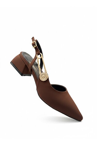 HVZ Exclusive Women's Brown Satin Pointed Toe Safety Pin Detailed Slingback L...