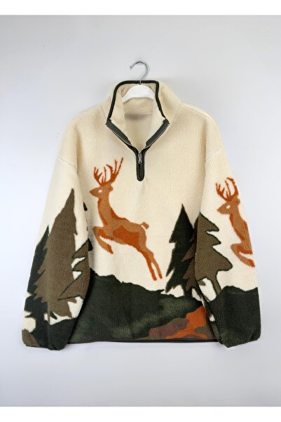 Lavanta Tekstil Plush Winter Patterned Zippered Fleece Sweater