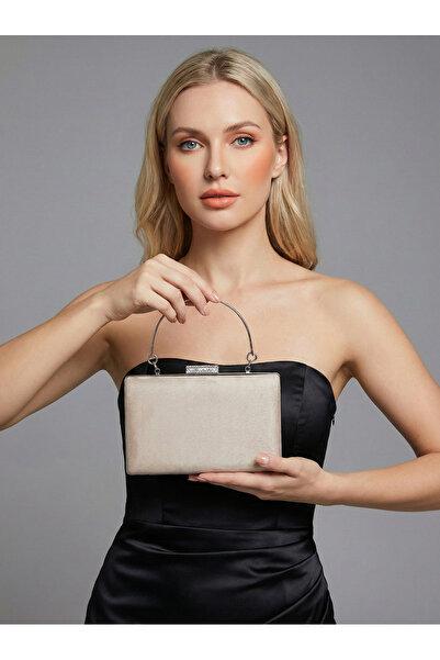 Biçanta Beige Color Luxury Suede Crystal Stone Metal Handle Chain Women Eveni...