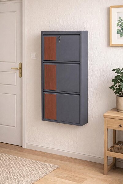 Arinna 3'LÜ KİLİTLİ ANTRASİT METAL AYAKKABILIK ( AHŞAP DESENLİ DİKEY )