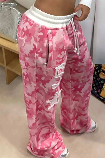 İlayda Toprak Rovax Bol Kalıp Beli Lastikli Kamuflaj Desenli Pembe Nakışlı Ov...