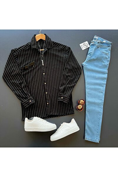 giyimadam16 Crepe Fabric Striped Shirt Jeans Pantalon Set 2 Piece Set