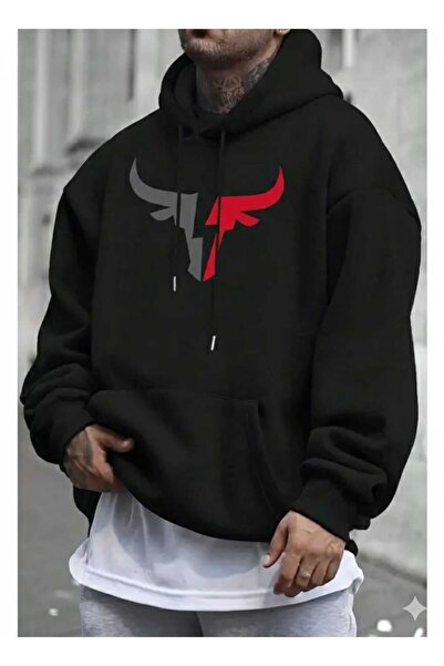 Framgan سويت شيرت بوجا مطبوع قصة فضفاضة أسود بغطاء رأس