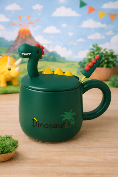 matheon Dinozor Figürlü Seramik Kupa – Kapaklı & Kaşıklı 3D Tasarım – 350 ml ...