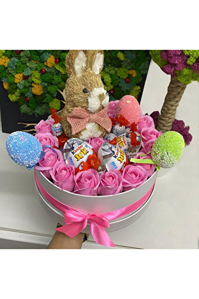 velve Sweet Easter gift, white round box with soap roses, Kinder Joy, bunny f...