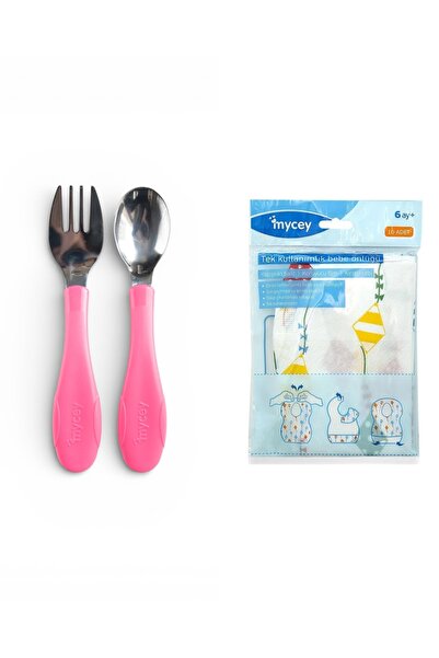 mycey Stainless Steel Fork Spoon Set Pink+Disposable Baby Bib 10Pcs