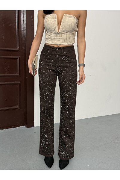 Swet Shop Jeans Women's High Waist Bitter Brown Shiny Stone Patterned Special...