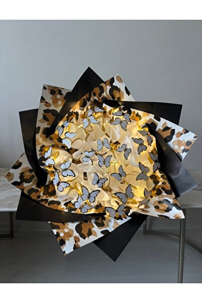 Store Leoparlı Işıklı Kelebek Buketi Sevgililer Günü Doğum Günü Hediyesi