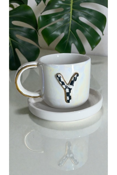 Deniz Kızı Seramik Letter Y Handmade Ceramic Cup with a Sedefle Finish