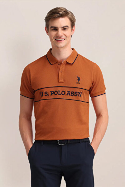 U.S. Polo Assn. Mens Orange Typographic Printed Cotton Polo Shirt