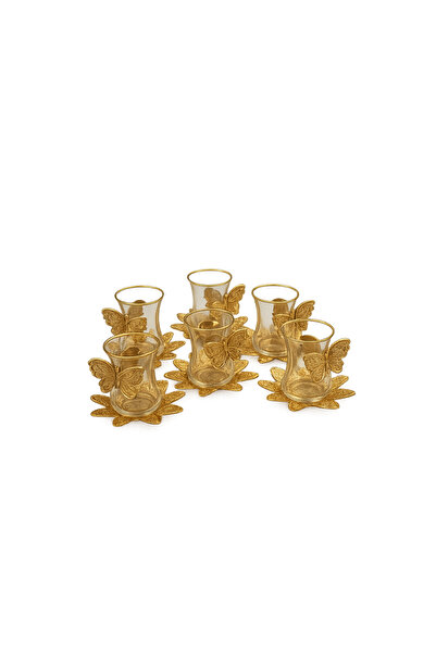 Generic Turkish Tea Set for 6 People with Gold Butterfly Holders – Glass Cups...
