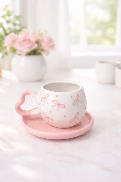SırART Kalp Kulp Pink Plate - Pink Bow Patterned Special Embossed 2 Piece Sin...