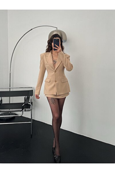 Perry Boutique Bej Premium Blazer Ceket-Etek Takım