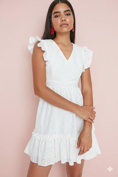 Rora White Brode Skater/Mini Dress with Open Waist and Lining Woven Fabric