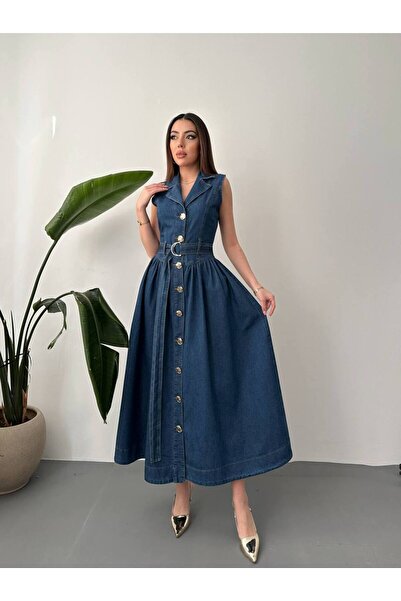 MODAGK Button Detailed Belted Maxi Length Denim Dress