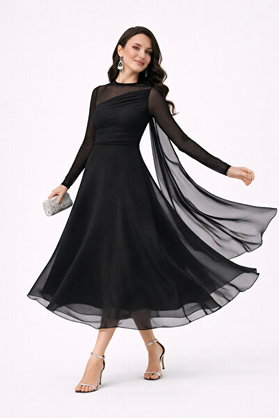 Masspera Yarım Balıkçı Yaka Uzun Kollu Tül Detay Tasarım Midi Elbise