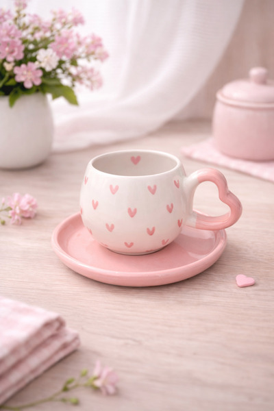 SırART Heart Handle Pink Plate - Special Embossed 2 Piece Single Mug Set with...
