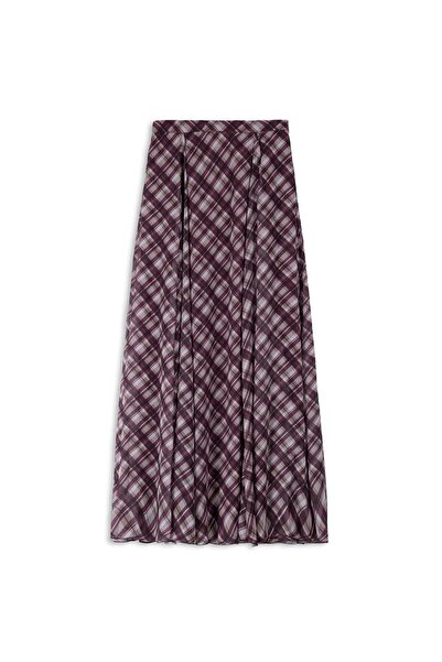 praye Plaid Patterned Chiffon Skirt Burgundy