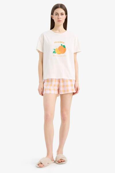 DeFacto Pajama Set Regular Fit Printed Short Sleeve Top Shorts E4634Ax25Hs