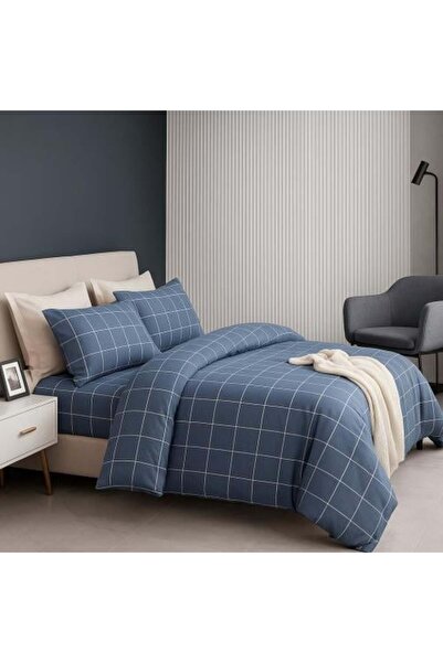 Generic طقم سرير من 4 قطع بنقشة مربعات زرقاء داكنة