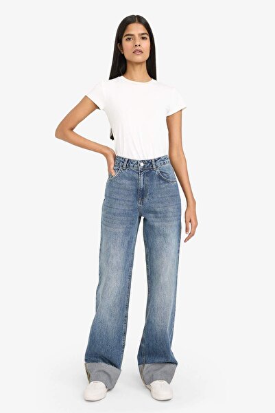 DeFacto Straight Wide Normal Waist Long Jean Washed Trousers G8852Ax26Sp