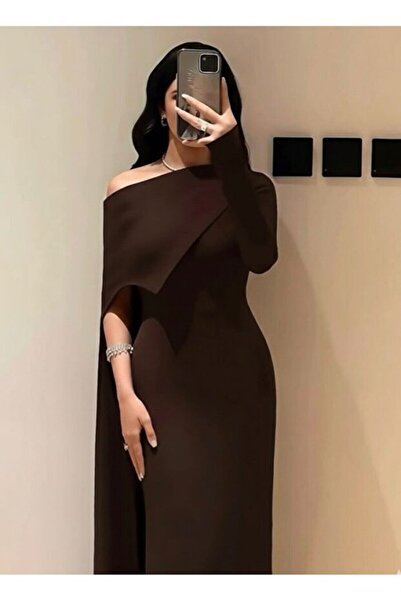 Zarkasha Al-Hanouf dress, royal brown | One-shoulder design with elegant flow